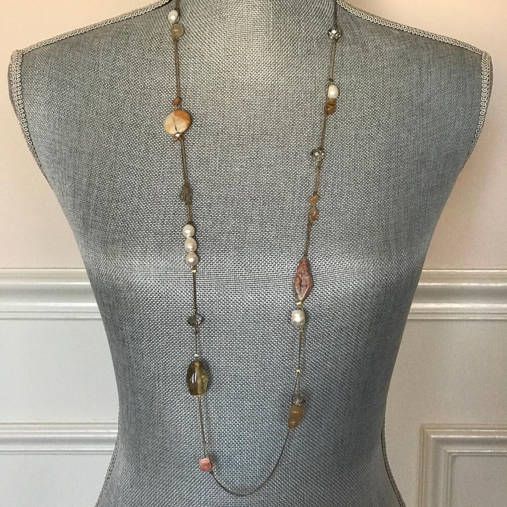 Chicos Long Beaded Necklace - Natural Stone - Faux Pearl - Beads - Earth Tones